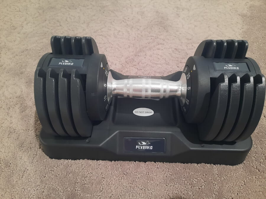 FLYBIRD adjustable dumbbells with the weights on