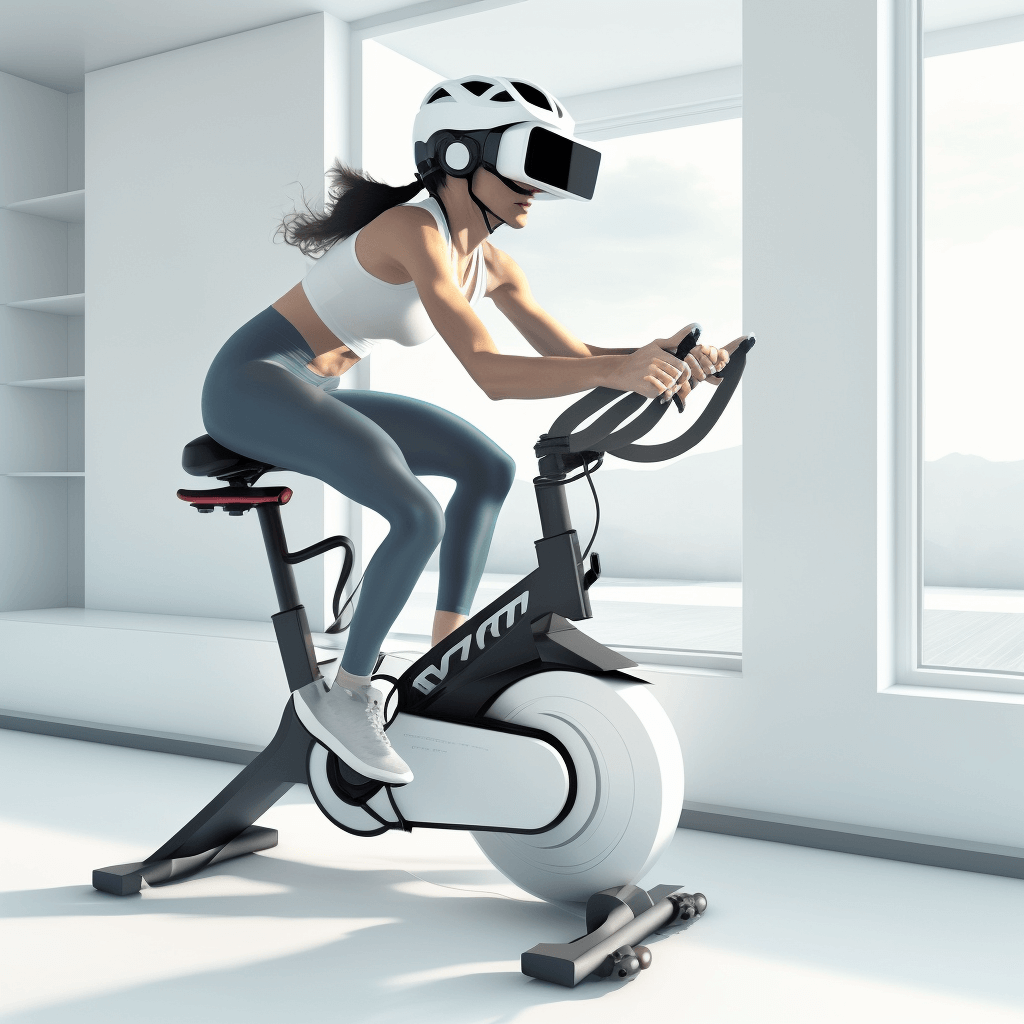 a female rider riding a spin bike with a Virtual Reality headset